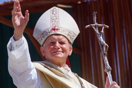 Pope John Paul II waves to the wellwisher 28 April